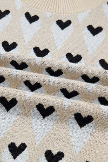 Parchment Geometric Heart Print Ribbed Trim Loose Sweater