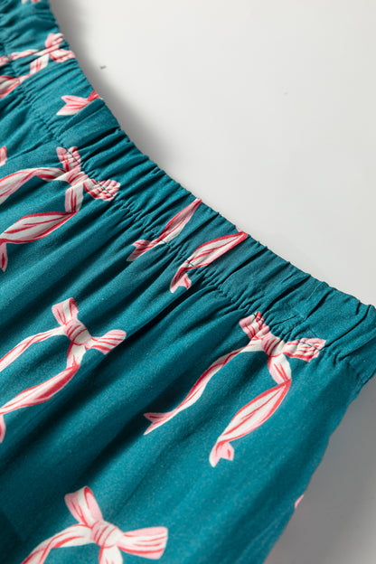 Green Ribbon Bow Print Silky Long Sleeve Shirt and Shorts 2pcs Pajama Set