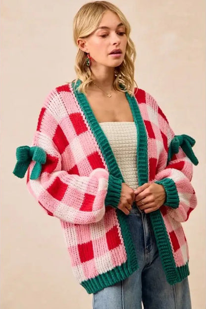 Pink Plaid Knit Bow Knot Decor Open Front Sweater Cardigan