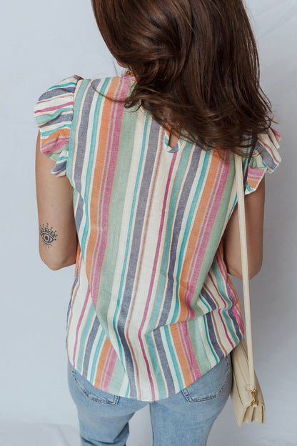 Light Blue Lace Hollow-out Insert Flutter Sleeve Striped Blouse