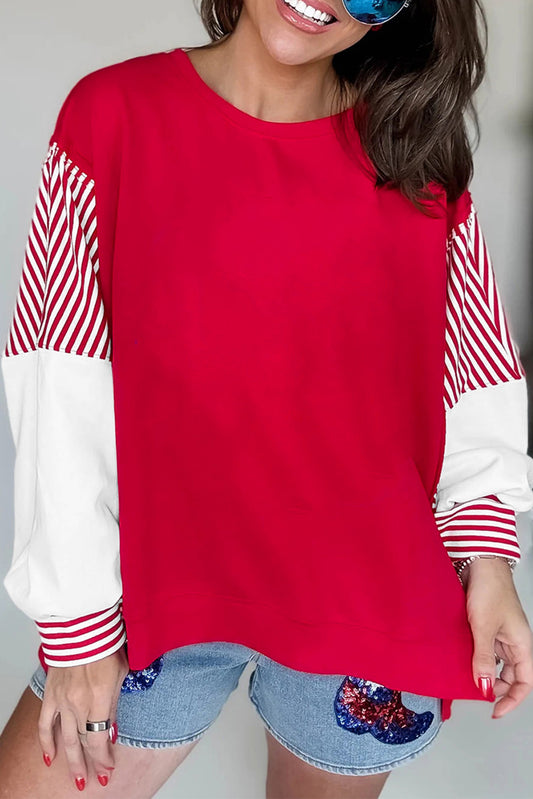 Fiery Red Striped Patchwork Sleeve Colorblock Sweatshirt