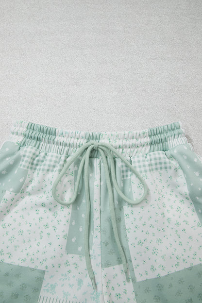 Sky Blue Patchwork Floral Print Drop Shoulder Baggy Pullover Drawstring Shorts Set