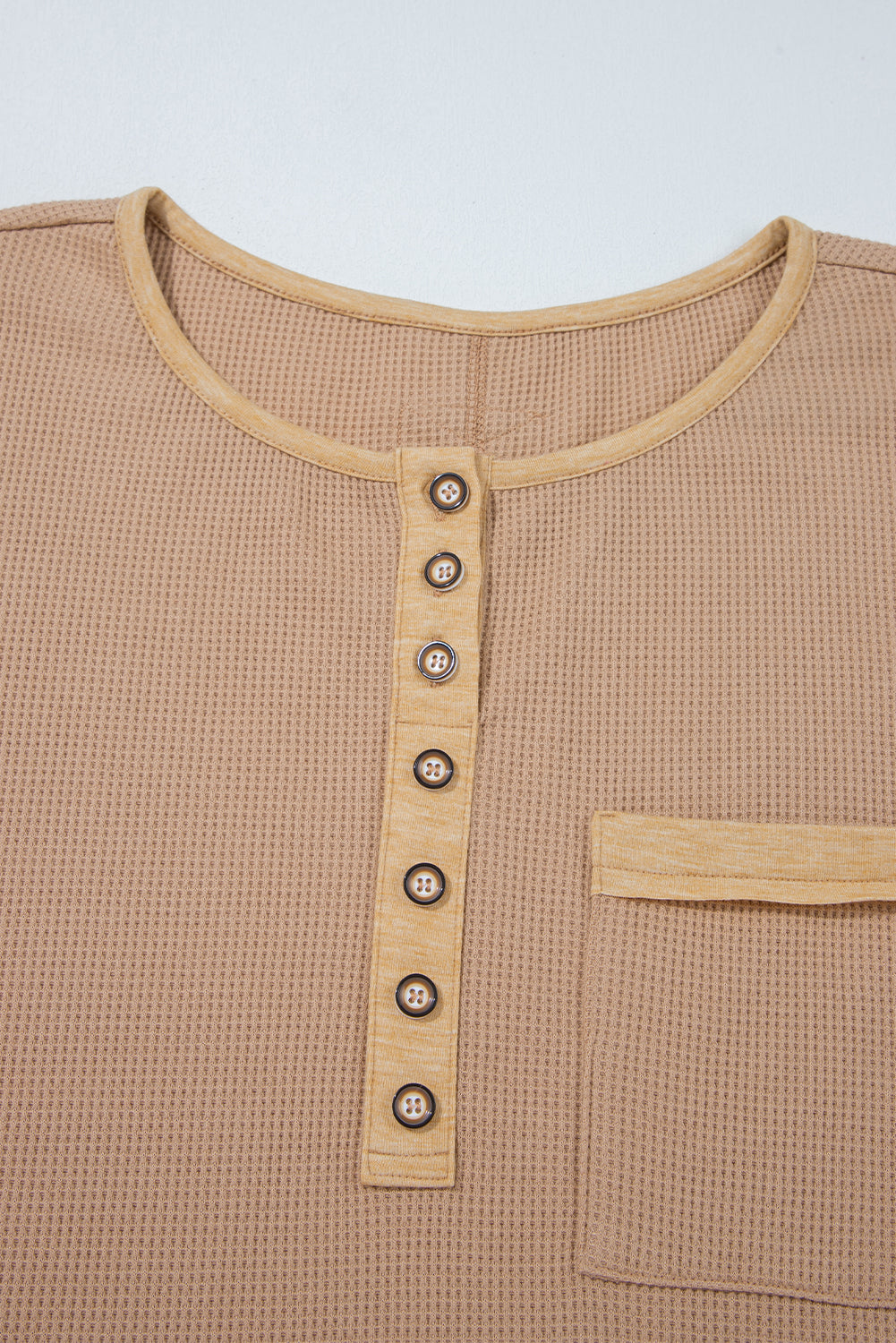 Dark Khaki Color Block Waffle Textured Tunic Henley Top with Slits