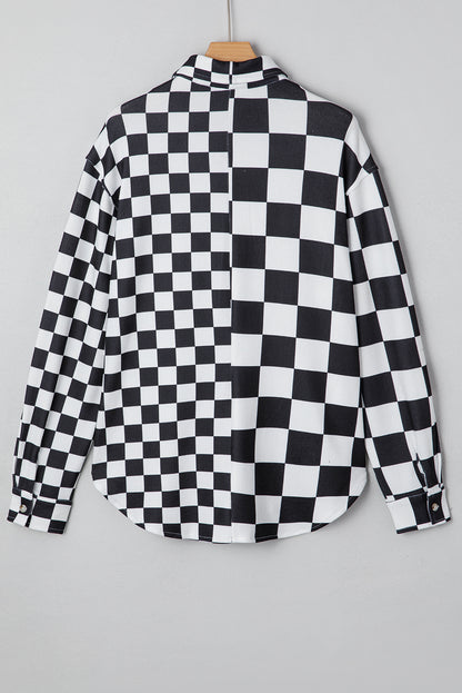 Black Checkerboard Flap Pocket Button Front Shacket