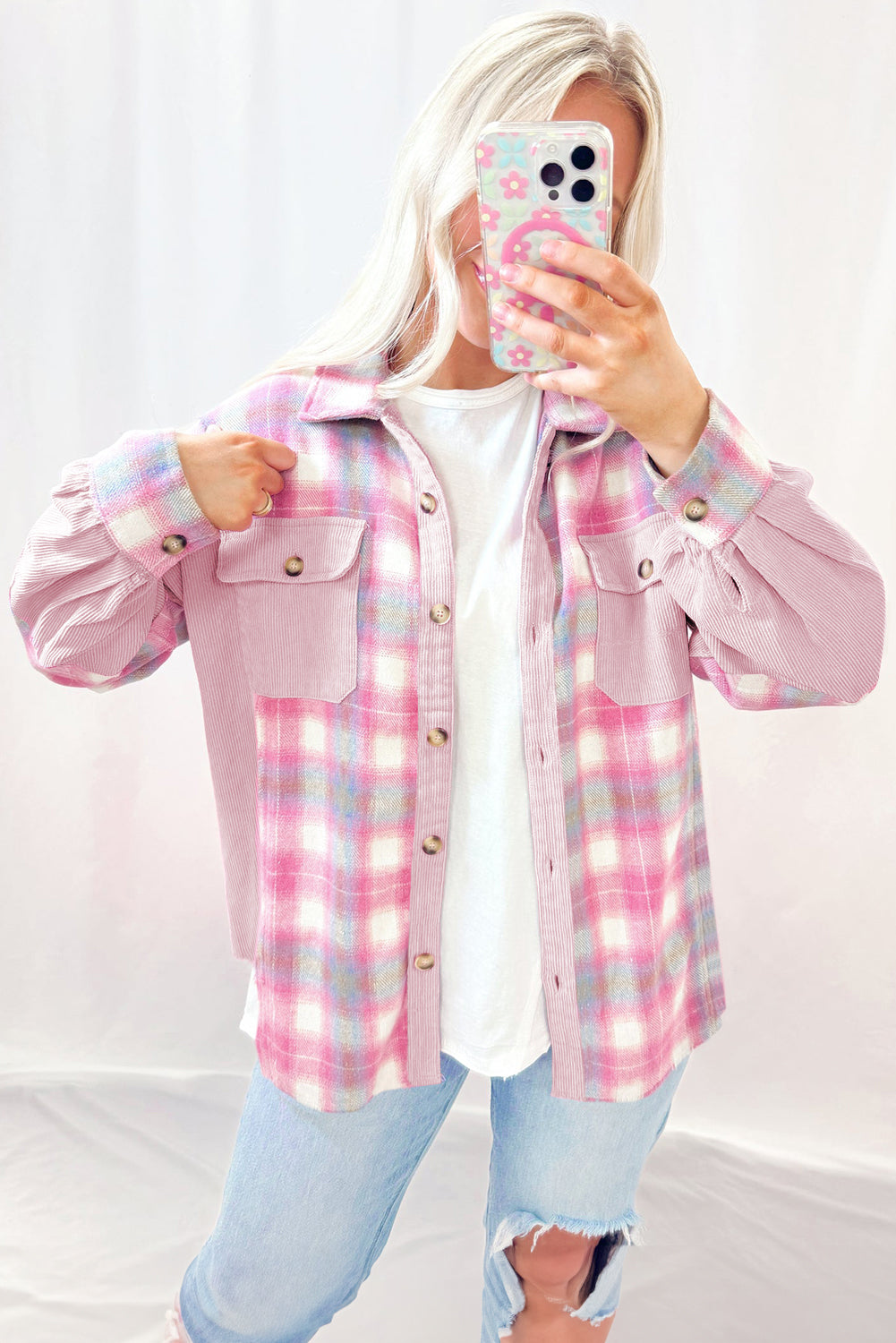 Pink Brushed Plaid Corduroy Flap Pockets Patchwork Shacket