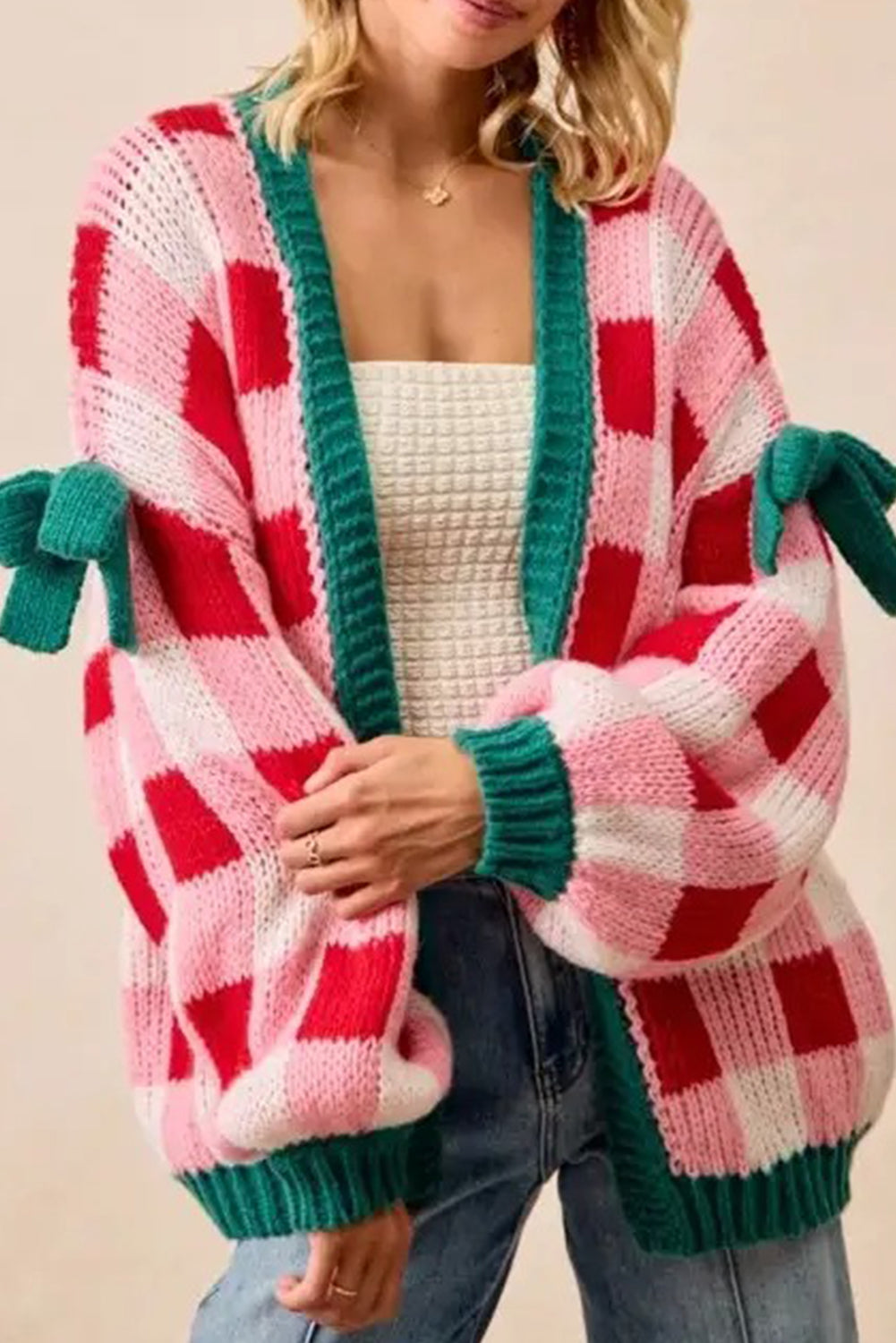 Pink Plaid Knit Bow Knot Decor Open Front Sweater Cardigan