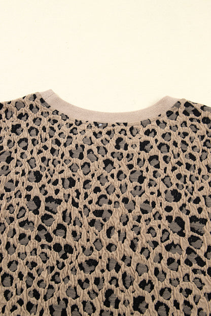 Khaki Leopard Textured Ribbed Trim Plus Size Long Sleeve Top