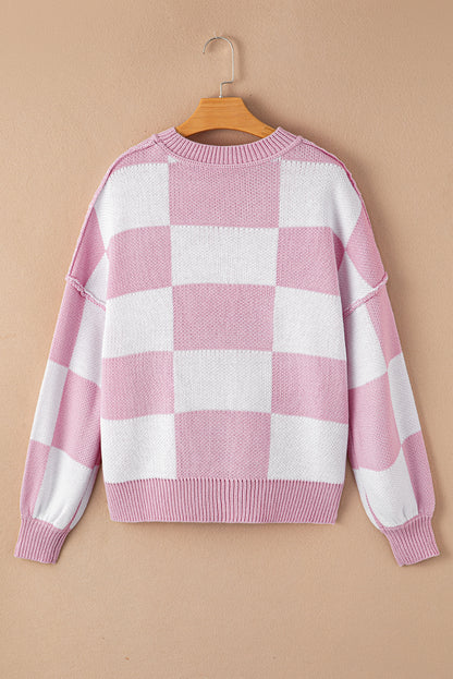 Pink Checkered Bishop Sleeve Sweater