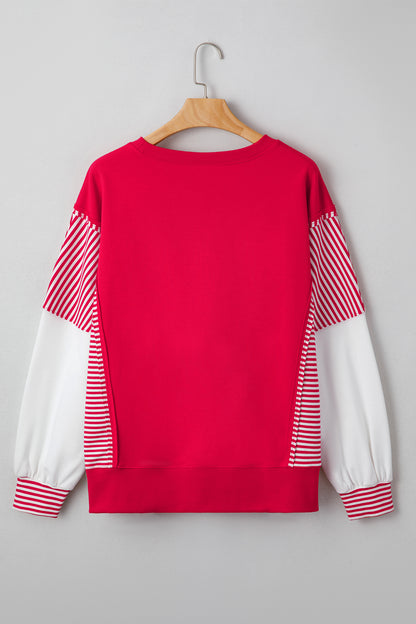 Fiery Red Striped Patchwork Sleeve Colorblock Sweatshirt