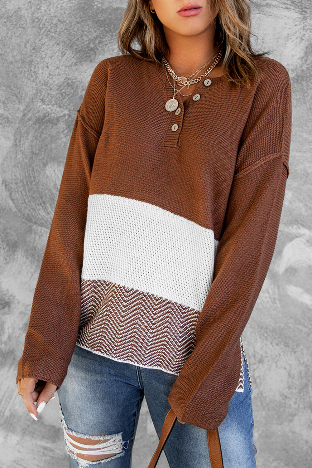 Brown Splicing Buttoned Knitted Long Sleeve Sweater