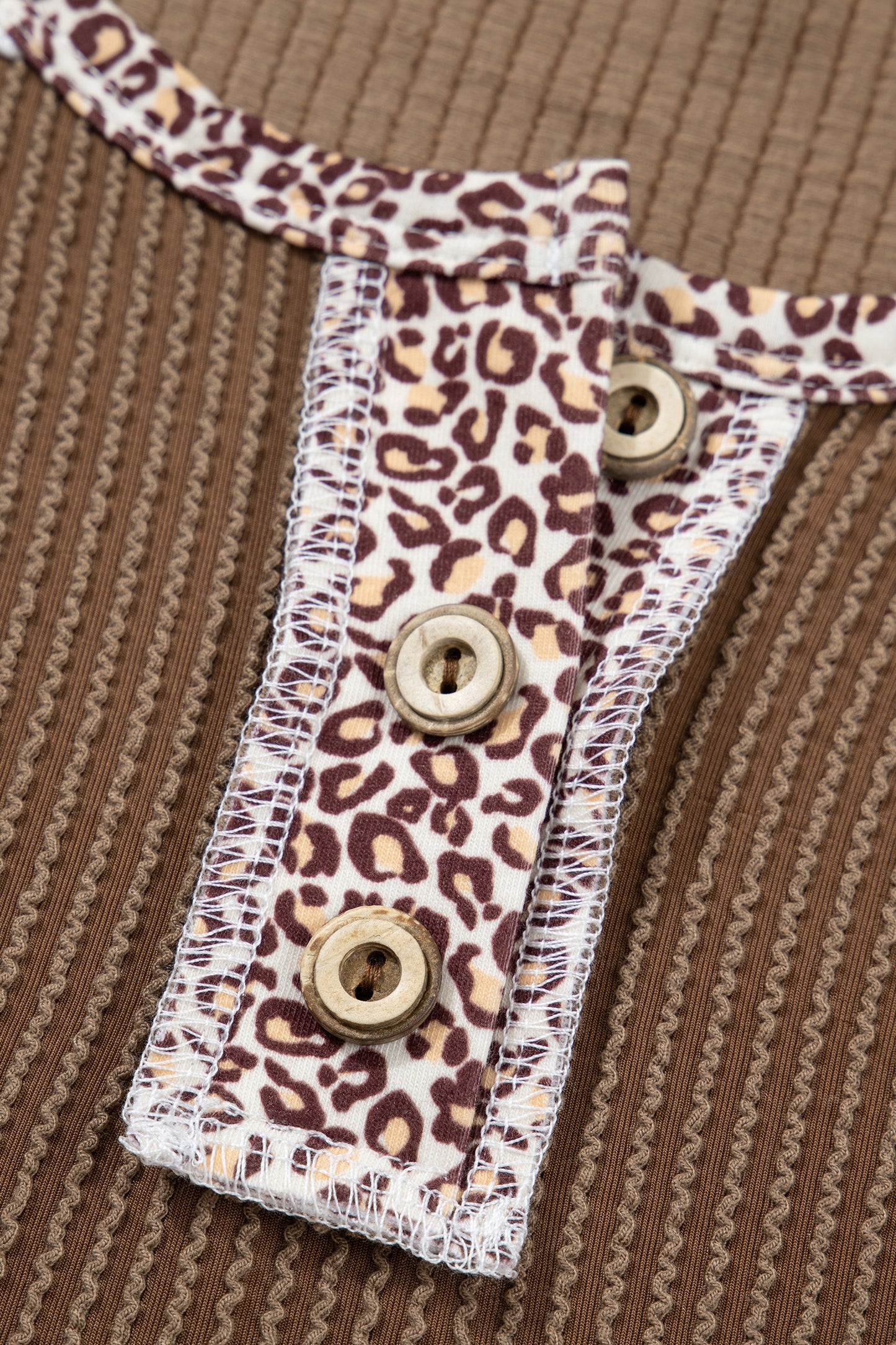 Dark Khaki Twisted Ribbed Leopard Lace Contrast Patchwork Long Sleeve Top