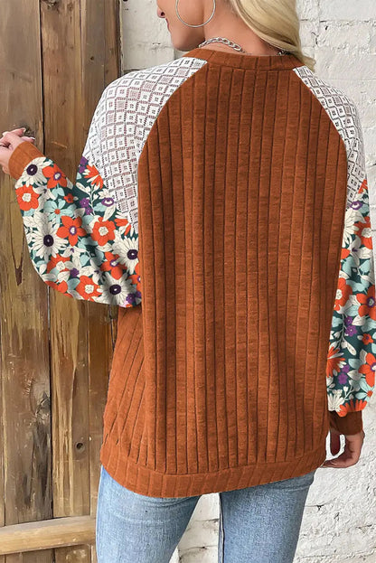 Cinnamon Floral Patchwork Long Sleeve Ribbed Blouse