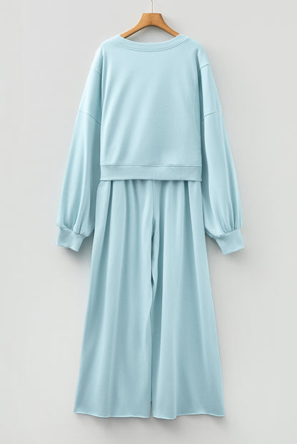 Mist Blue Drop Shoulder Puff Sleeve Crop Pullover Drawstring Wide Leg Pants Set