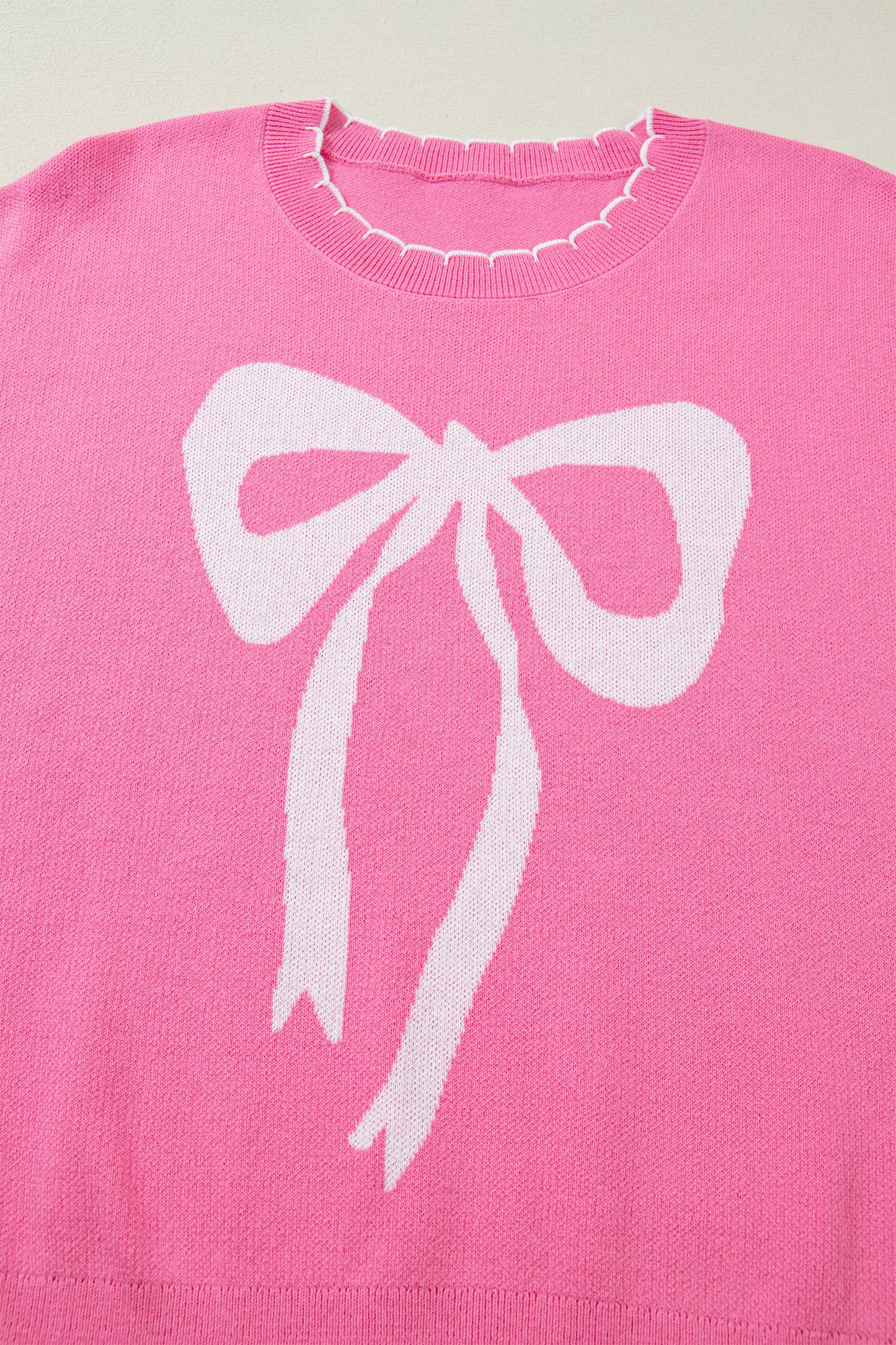 Sachet Pink Big Ribbon Bow Print Contrast Stitch Trim Drop Shoulder Sweater