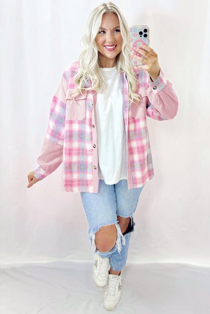 Pink Brushed Plaid Corduroy Flap Pockets Patchwork Shacket