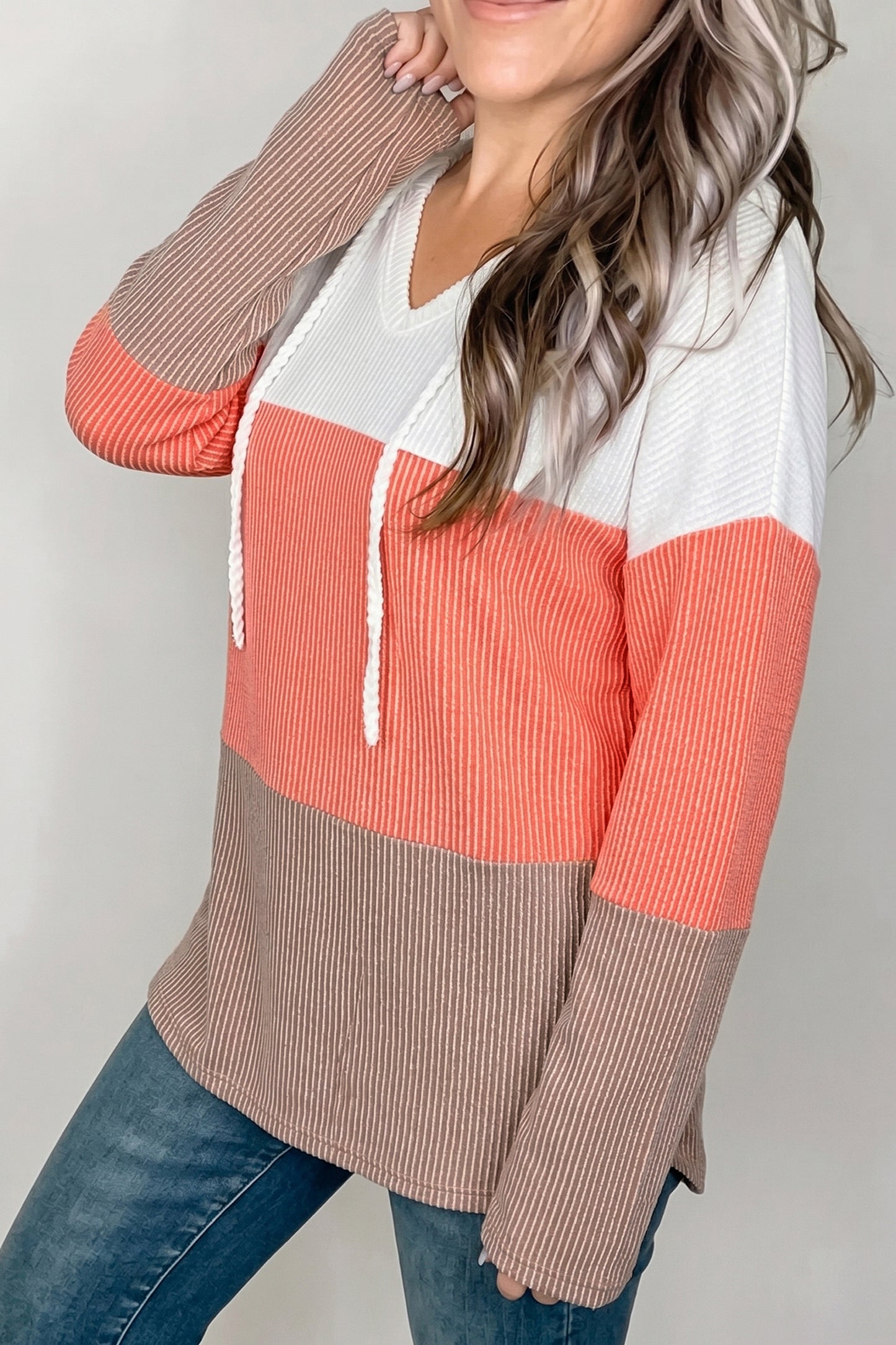 Gold Flame Ribbed Colorblock Hooded Pullover Long Sleeve Top