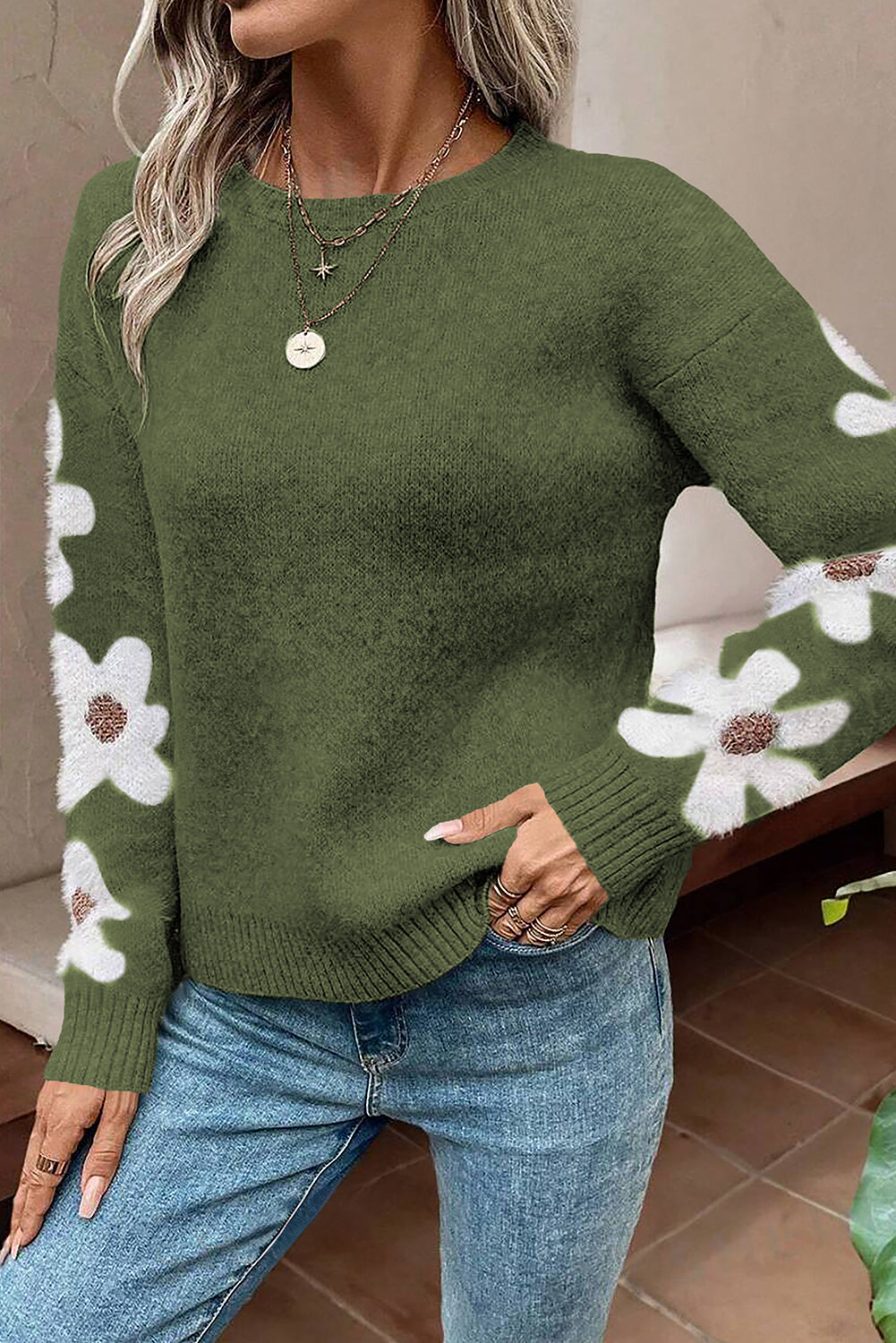 Moss Green Flower Sleeve Drop Shoulder Sweater