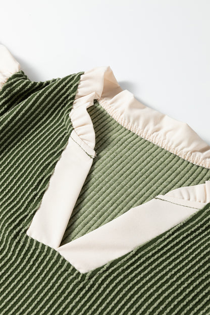 Vineyard Green Plus Size Contrast Frilled Neckline Ruffled Short Sleeve Ribbed Textured Blouse