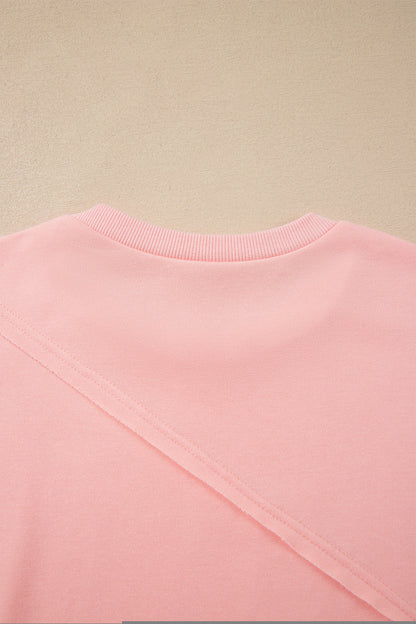 Pink Colorblock Striped Patchwork Raw Detail Long Sleeve Top