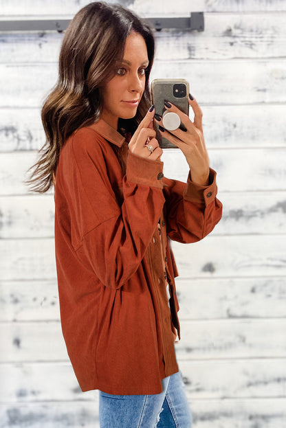 Gold Flame Velvet Flap Pockets Drop Shoulder Casual Shacket