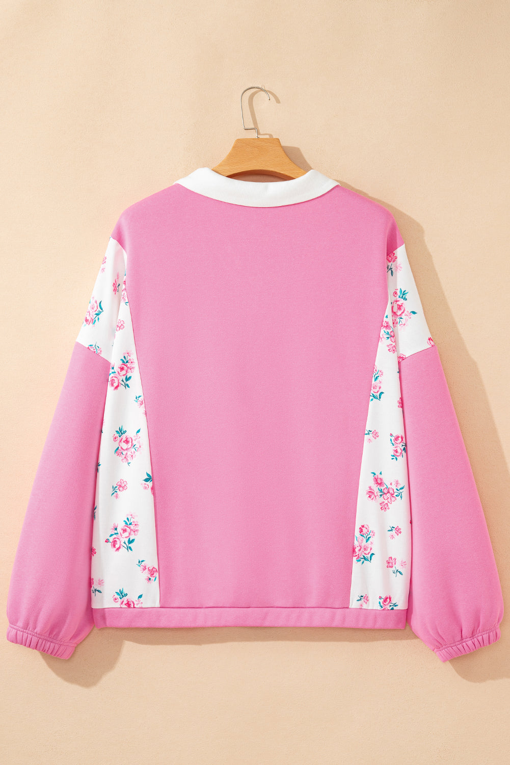 Pink Plus Size Contrast Polo Collar Floral Patchwork Elastic Cuffs Long Sleeve Top