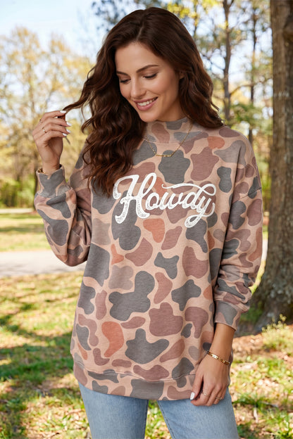 Multicolour Camo Print Howdy Western Style Baggy Pullover Sweatshirt