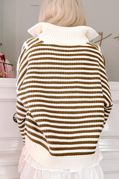 Khaki Stripe Zip up Collar Drop Shoulder Sweater