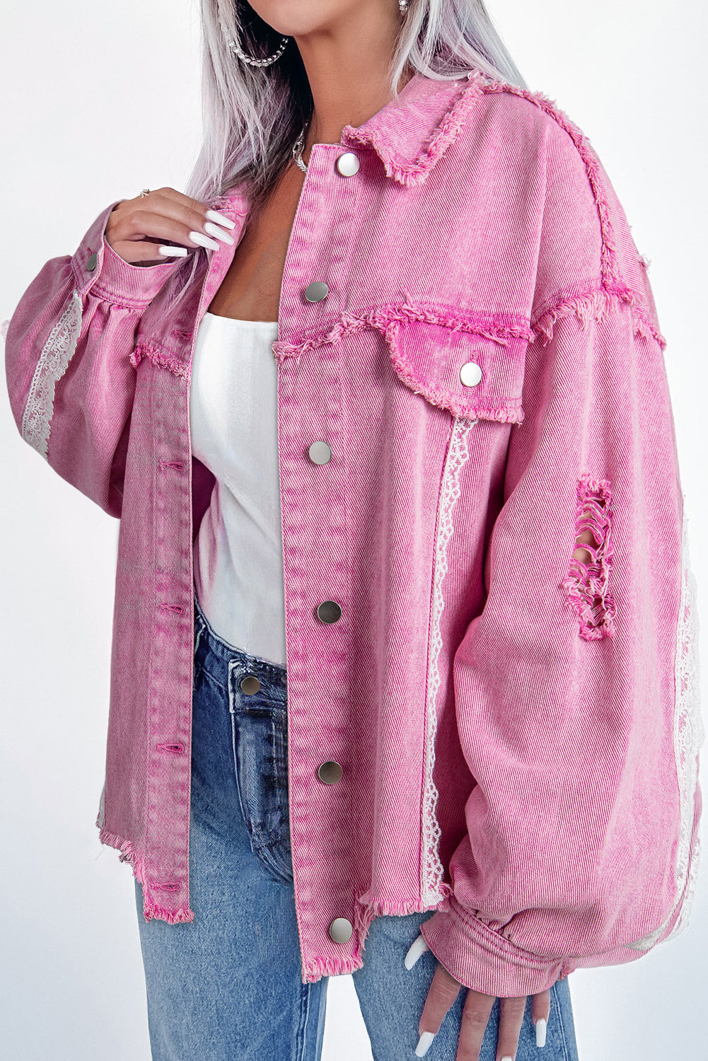 Pink Lace Patchwork Distressed Buttoned Denim Jacket