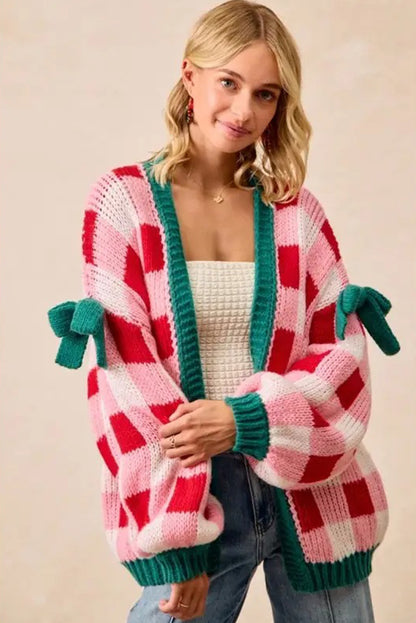Pink Plaid Knit Bow Knot Decor Open Front Sweater Cardigan