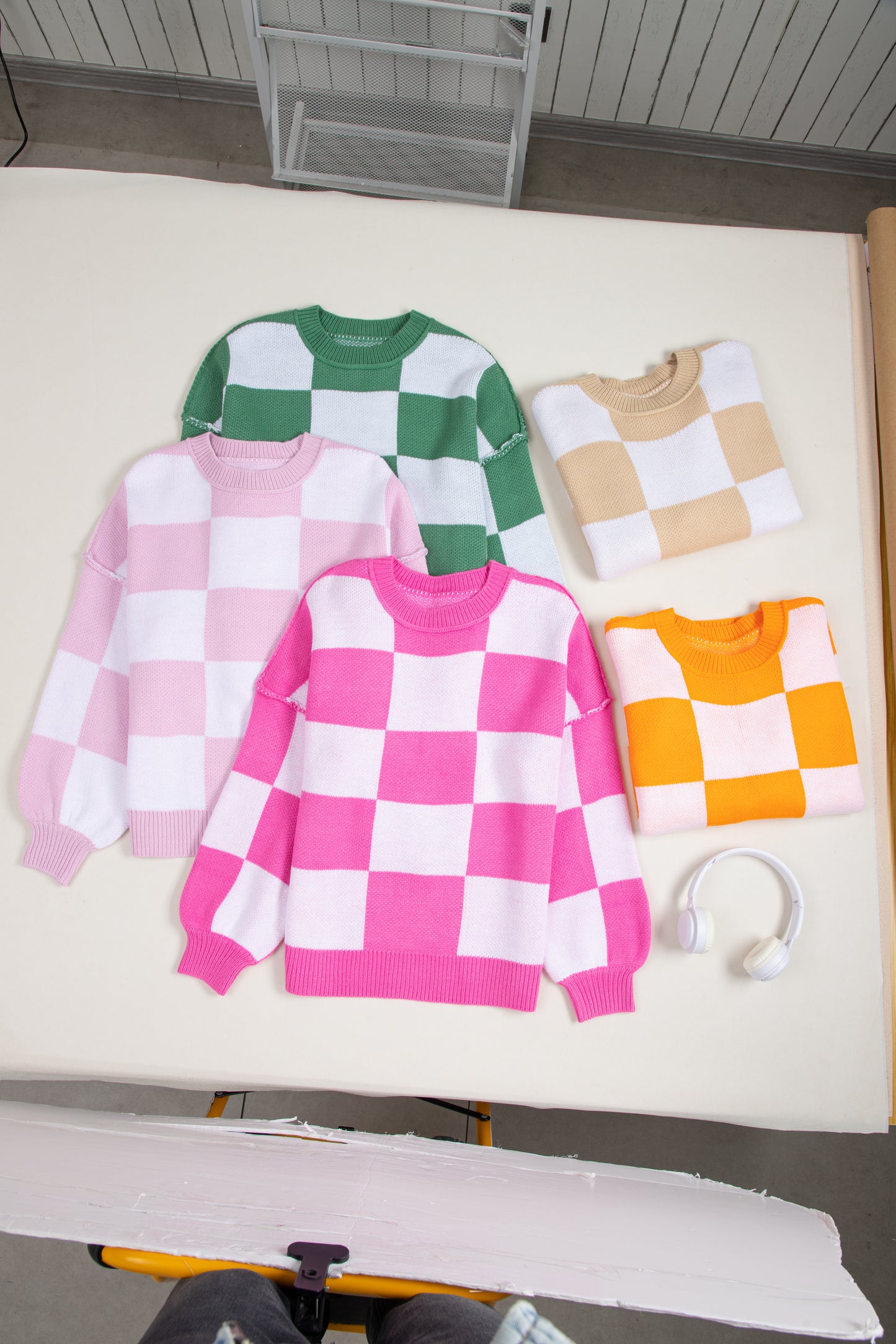 Pink Checkered Bishop Sleeve Sweater