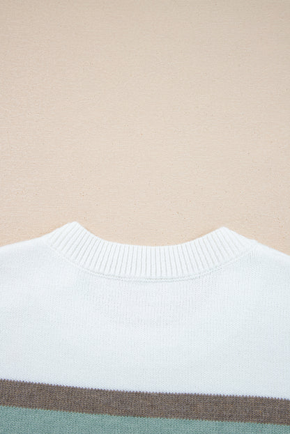 White Striped Color Block Knit Drop Shoulder Sweater