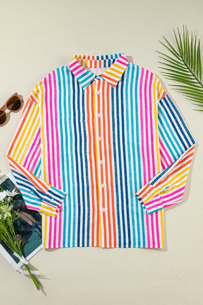 Orange Stripe Multicolor Drop Shoulder Loose Shirt