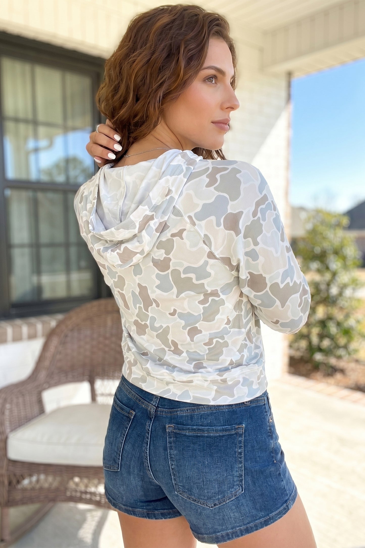 Beige Camouflage Print Relaxed Drawstring Hoodie