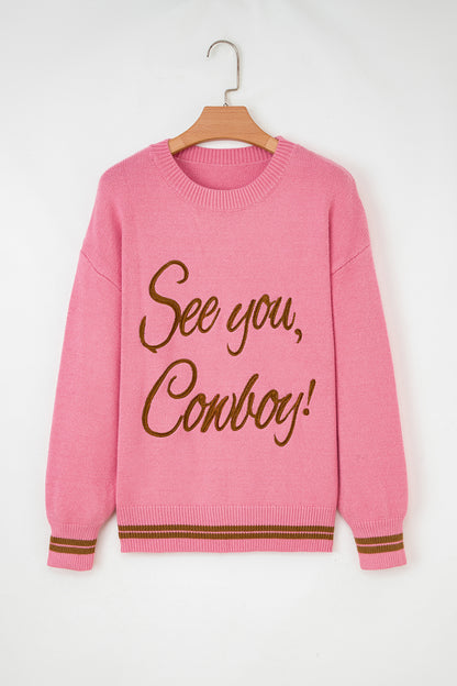 Peach Blossom See You Cowboy Embroidered Western Graphic Sweater