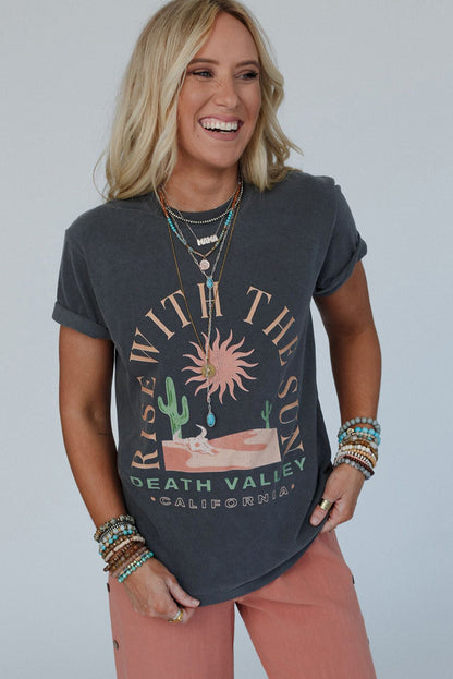 Dark Grey RISE WITH THE SUN Western Fashion Graphic Tee