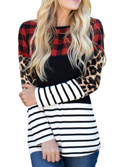 Plaid Print Leopard Splicing Striped Color Block Long Sleeve Top