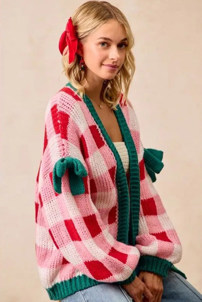 Pink Plaid Knit Bow Knot Decor Open Front Sweater Cardigan