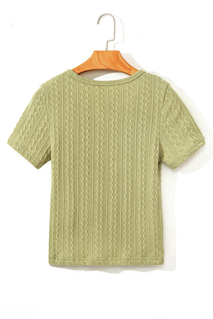 Spinach Green Textured Knit Slim Fit Notch V Neck T Shirt