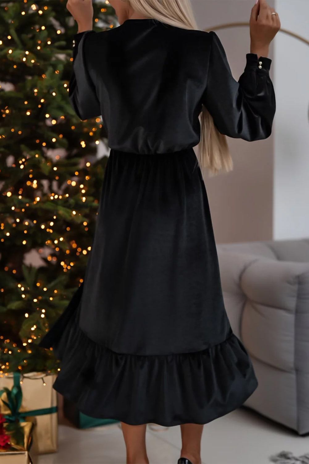 Black Velvet Buttoned Puff Sleeve V Neck Split Midi Dress