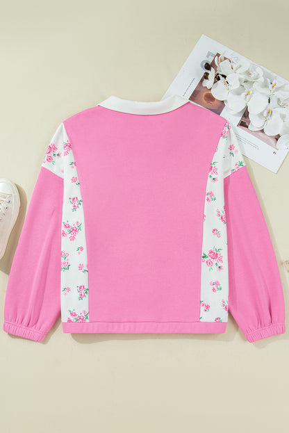 Pink Plus Size Contrast Polo Collar Floral Patchwork Elastic Cuffs Long Sleeve Top