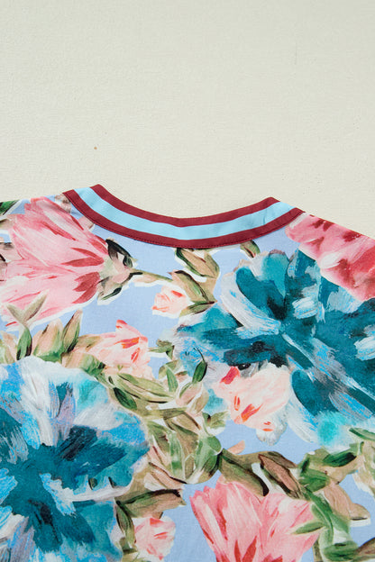 Sky Blue Contrast Trim V Neck Cuffed Bracelet Sleeve Floral Blouse