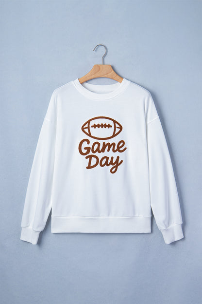 White Embroidered Slogan Game Day Rugby Pattern Crewneck Sweatshirt