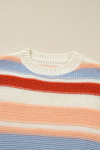 Pink Striped Colorblock Round Neck Drop Shoulder Sweater