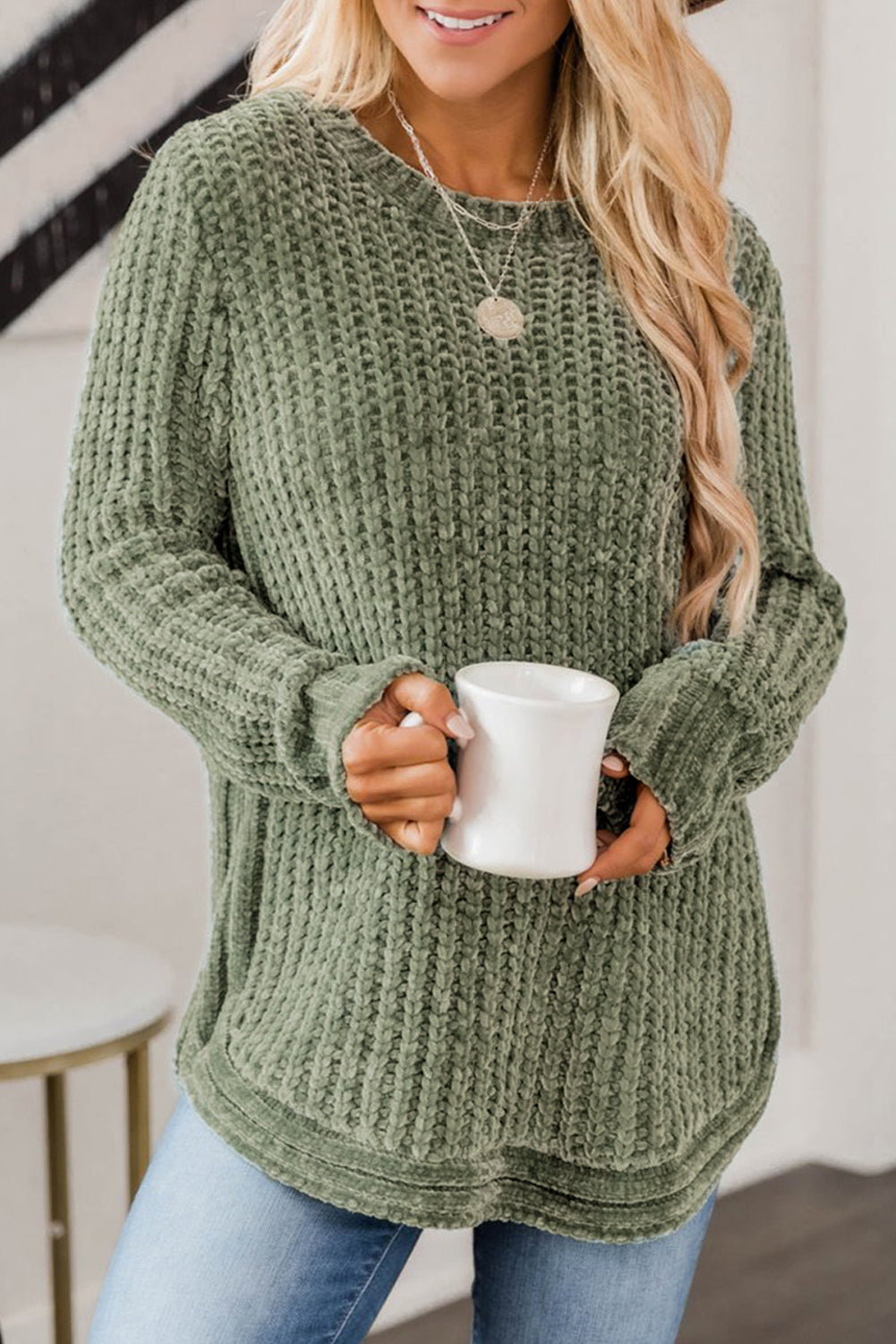 Green Long Sleeve Round Hem Cable Knit Sweater