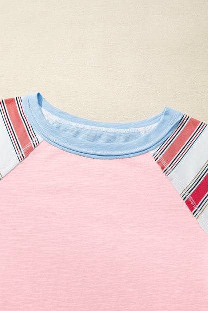 Pink Color Block Round Neck Exposed Seam Patchwork Striped Long Sleeve Top