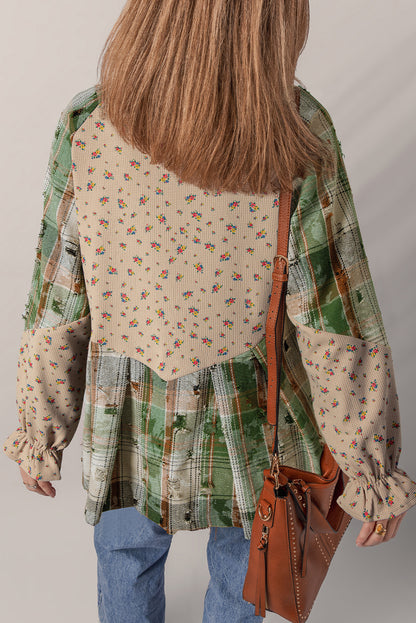 Mist Green Boho Floral Plaid Patchwork Distressed Detail Ruffled Sleeve Waffle Knit Shacket