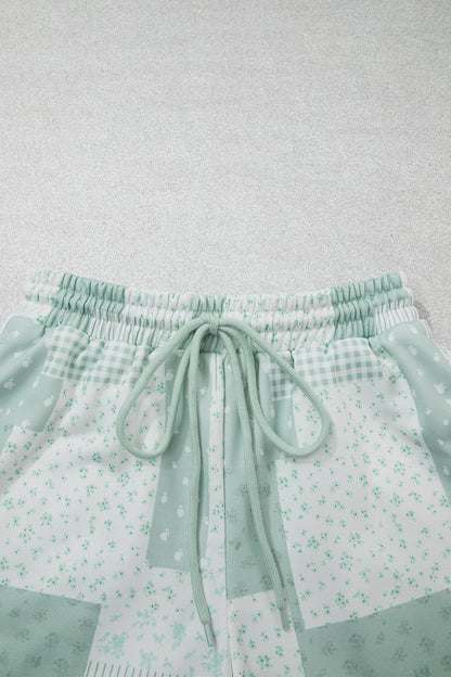 Sky Blue Patchwork Floral Print Drop Shoulder Baggy Pullover Drawstring Shorts Set