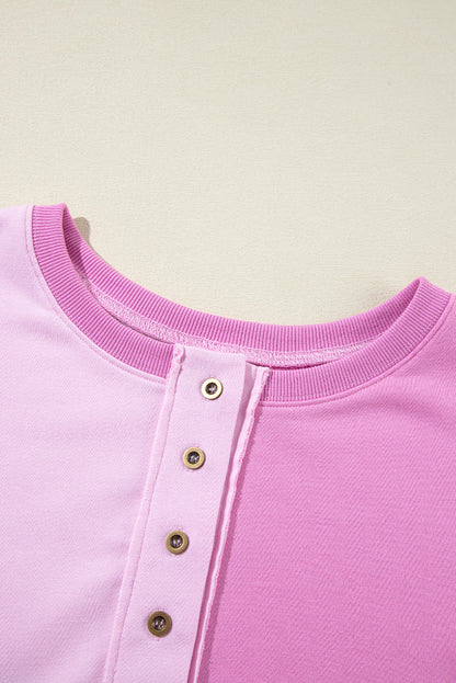 Pink Colorblock Henley High Low Oversize Sweatshirt