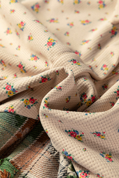 Mist Green Boho Floral Plaid Patchwork Distressed Detail Ruffled Sleeve Waffle Knit Shacket