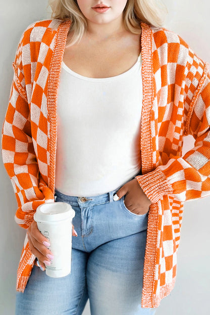 Orange Checkered Bubble Sleeve Drop Shoulder Open Cardigan